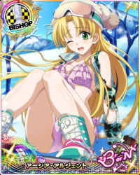Rule 34 | 1girl, arm support, asia argento, bikini, bikini under clothes, bishop (chess), blonde hair, boots, breasts, card (medium), character name, chess piece, day, gloves, goggles, goggles on head, green eyes, hat, high school dxd, high school dxd born, long hair, looking at viewer, medium breasts, navel, no pants, official art, one eye closed, open clothes, open mouth, pink bikini, sitting, snowboard, solo, swimsuit, torn clothes, trading card, very long hair, winter clothes