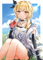 Rule 34 | 1girl, blonde hair, blue sky, blush, breasts, clothes writing, commentary request, contemporary, copyright name, genshin impact, higeneko, highres, large breasts, looking at viewer, lumine (genshin impact), lumine (zhangjiajie) (genshin impact), medium hair, sidelocks, sky, solo, thighs, yellow eyes