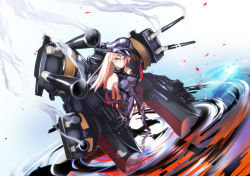 Rule 34 | 1girl, anchor hair ornament, bare shoulders, bismarck (kancolle), blonde hair, blue eyes, brown gloves, cannon, commentary request, cross, detached sleeves, full body, gloves, grey thighhighs, hair ornament, hat, iron cross, kantai collection, long hair, looking at viewer, machinery, military, military hat, military uniform, peaked cap, ryuu tou, smoke, solo, standing, thighhighs, uniform, water