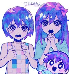 Rule 34 | 1girl, 2boys, aqua shirt, aubrey (headspace) (omori), aubrey (omori), black eyes, blue hair, bow, bra strap, commentary, crossed bangs, hair bow, hero (headspace) (omori), hero (omori), highres, hinshi hp0, interlocked fingers, kel (headspace) (omori), kel (omori), long hair, multiple boys, omori, open mouth, own hands clasped, own hands together, pink bow, ringed eyes, shirt, short hair, simple background, symbol-only commentary, tank top, white background