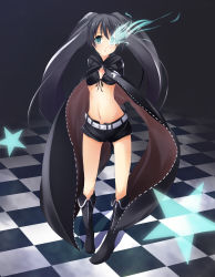Rule 34 | 10s, 1girl, belt, bikini, bikini top only, black hair, black rock shooter, black rock shooter (character), blue eyes, boots, cape, checkered floor, flat chest, glowing, glowing eyes, hatsune miku, highres, long hair, m.h, midriff, navel, perspective, scar, shorts, solo, star (symbol), swimsuit, twintails, very long hair, vocaloid