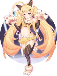 Rule 34 | 1girl, absurdres, ahoge, animal ear fluff, animal ears, animal hands, arm warmers, azur lane, bare shoulders, belt, blonde hair, bow, breasts, cat ears, commentary request, crop top, eldridge (azur lane), eldridge (kitty idol) (azur lane), facial mark, fortissimo, full body, fur collar, garter straps, gloves, hair bow, hair ornament, hands up, highleg, highres, idol, leg up, long hair, looking at viewer, midriff, miniskirt, musical note, musical note hair ornament, navel, orange skirt, parted lips, paw gloves, paw shoes, pleated skirt, ponta (velmar), red eyes, shoes, skirt, sleeveless, small breasts, solo, spaghetti strap, standing, standing on one leg, star (symbol), stomach, strap slip, striped clothes, striped thighhighs, thighhighs, twintails, very long hair, vest, white background, zettai ryouiki