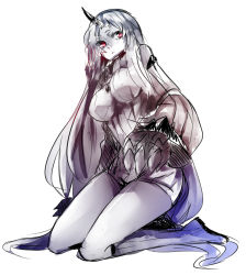 Rule 34 | 10s, 1girl, absurdly long hair, arm support, claws, colored skin, detached sleeves, dress, grey skin, ik-tsumu, kantai collection, long hair, red eyes, ribbed sweater, seaport princess, seiza, silver hair, simple background, sitting, sketch, solo, sweater, sweater dress, very long hair, white background