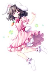 Rule 34 | 1girl, animal ears, black hair, bloomers, blush, bobby socks, carrot necklace, clover, commentary, dress, full body, hair between eyes, hand up, heart, inaba tewi, jewelry, looking at viewer, miy 001, neck ribbon, necklace, no shoes, pink dress, pink eyes, pink ribbon, rabbit ears, rabbit girl, rabbit tail, ribbon, ribbon-trimmed dress, short hair, simple background, smile, socks, solo, symbol-only commentary, tail, touhou, underwear, white background, white bloomers, white socks
