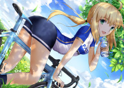 Rule 34 | 1girl, a-senmei, ahoge, artoria pendragon (all), artoria pendragon (fate), ass, bicycle, bike jersey, bike shorts, blonde hair, blush, bottle, breasts, fate/stay night, fate (series), flower, grass, green eyes, highres, kneepits, open mouth, ponytail, ribbon, saber (fate), smile, solo, sweat, tree, water bottle