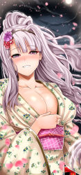 Rule 34 | 1girl, bad id, bad pixiv id, blush, breasts, cleavage, cloud, collarbone, commentary request, female focus, floral print, flower, full moon, hair flower, hair ornament, idolmaster, idolmaster (classic), inu (marukome), japanese clothes, kimono, large breasts, long hair, long sleeves, looking at viewer, moon, night, obi, petals, purple hair, sash, shijou takane, silver hair, sky, smile, solo, wide sleeves, yukata