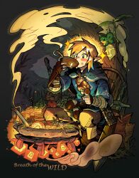 Rule 34 | 1boy, 9twoeight, absurdres, blonde hair, blue cape, blue eyes, blue tunic, blush, bowl, brown gloves, campfire, cape, eating, fingerless gloves, fire, food, food on face, gloves, grey pants, highres, holding, holding bowl, korok, leaf, link, male focus, medium hair, nintendo, outdoors, pants, pointy ears, sidelocks, sitting, solo, sparkle, swept bangs, the legend of zelda, the legend of zelda: breath of the wild