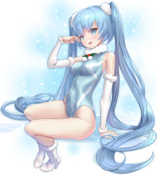 Rule 34 | 1girl, absurdres, arm support, bare shoulders, blue eyes, blue hair, blue one-piece swimsuit, boots, competition swimsuit, covered navel, detached sleeves, digitan, full body, hatsune miku, high heel boots, high heels, highres, holly, long hair, looking at viewer, one-piece swimsuit, open mouth, pigeon-toed, scrunchie, sitting, solo, swimsuit, tougetsu gou, twintails, very long hair, vocaloid, white footwear, white sleeves