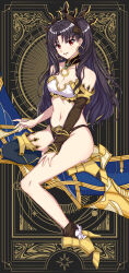 Rule 34 | 1girl, bare shoulders, breasts, brown hair, brown ribbon, cleavage, earrings, fate (series), full body, hoop earrings, ishtar (fate), jewelry, kelinch1, large breasts, long hair, midriff, navel, open mouth, red eyes, ribbon, single sleeve, single thighhigh, sitting, thighhighs, thighs, twintails, yellow footwear