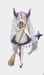 Rule 34 | 1girl, absurdres, ahoge, alternate costume, apron, ascot, black choker, black dress, black hair, braid, broom, choker, closed eyes, closed mouth, collared dress, dress, enmaided, frilled apron, frills, full body, grey hair, hair between eyes, highres, holding, holding broom, hololive, la+ darknesss, long hair, maid, maid headdress, may.l, pleated dress, pointy ears, purple legwear, shoes, short sleeves, single leg pantyhose, solo, twintails, very long hair, virtual youtuber, white apron, yellow ascot