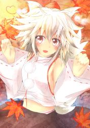 Rule 34 | 1girl, acoco, animal ears, autumn leaves, bare shoulders, blush, breasts, detached sleeves, hat, highres, inubashiri momiji, leaf, looking at viewer, midriff, navel, no bra, open mouth, panties, pantyshot, pink panties, pom pom (clothes), red eyes, short hair, silver hair, skirt, solo, striped clothes, striped panties, tail, tokin hat, touhou, underwear, upskirt, wolf ears, wolf tail