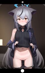Rule 34 | 1girl, absurdres, animal ears, bar censor, black dress, black panties, blue archive, blue halo, blush, breasts, censored, closed mouth, cowboy shot, dress, empty eyes, fake phone screenshot, fake screenshot, grey hair, groin, hair between eyes, halo, highres, kokona (blue archive), long hair, looking at viewer, navel, orange eyes, panties, panty pull, pussy, rottenpizza, small breasts, solo, striped clothes, striped dress, tiger ears, underwear, vertical-striped clothes, vertical-striped dress