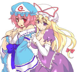 Rule 34 | 2girls, breasts, cleavage, female focus, hat, large breasts, lute (apocalypselibrary), multiple girls, oekaki, ribbon, saigyouji yuyuko, touhou, yakumo yukari