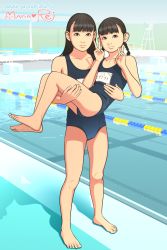 Rule 34 | bad id, bad pixiv id, barefoot, black eyes, black hair, blue one-piece swimsuit, blunt bangs, braid, cameltoe, carrying, character name, collarbone, day, double v, feet, full body, hand on another&#039;s thigh, highres, legs apart, legs together, looking at viewer, one-piece swimsuit, original, outdoors, poolside, princess carry, school swimsuit, shinchou ni kansuru kousatsu, smile, standing, swimsuit, toes, twin braids, v, watermark, web address