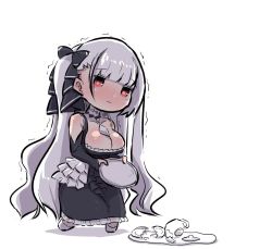 Rule 34 | 1girl, azur lane, bad id, bad nicoseiga id, bare shoulders, black dress, blush, breasts, broken, broken cup, chibi, cleavage, closed mouth, clothing cutout, collarbone, commentary request, cup, dress, formidable (azur lane), frilled dress, frills, holding, holding tray, large breasts, long hair, long sleeves, nose blush, red eyes, saucer, shadow, shoulder cutout, silver hair, sleeves past wrists, solo, spill, standing, teacup, tray, trembling, twilight, two side up, u-non (annon&#039;an), very long hair, white background