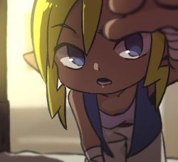 Rule 34 | 1girl, bandages, blonde hair, blue eyes, blurry, blurry foreground, close-up, collarbone, dark-skinned female, dark skin, depth of field, flat chest, foreshortening, leaning forward, looking at viewer, neckerchief, nintendo, open mouth, outstretched arm, outstretched hand, pointy ears, pov, shorts, sidelocks, solo, tetra, the legend of zelda, the legend of zelda: the wind waker, ukata