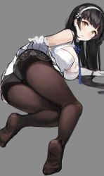 Rule 34 | 1girl, anti (0324), arm support, ass, black hair, black pantyhose, blunt bangs, breasts, clothes lift, crotch seam, from behind, girls&#039; frontline, gloves, grey background, gusset, hairband, highres, large breasts, lifted by self, long hair, looking at viewer, lying, on side, panties, panties under pantyhose, pantyhose, parted lips, pleated skirt, simple background, skirt, skirt lift, soles, solo, thighs, type 95 (girls&#039; frontline), underwear, white gloves, white skirt, yellow eyes