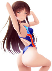Rule 34 | 10s, 1girl, absurdres, arm up, armpits, arms behind head, ass, back, backlighting, black hair, blue one-piece swimsuit, blush, breasts, brown eyes, brown hair, closed mouth, commentary request, competition swimsuit, from behind, from side, groin, hand up, highleg, highleg swimsuit, highres, idolmaster, idolmaster cinderella girls, legs apart, light smile, long hair, looking at viewer, looking back, medium breasts, nitta minami, one-piece swimsuit, one-piece thong, parted bangs, sidelocks, simple background, smile, solo, standing, swimsuit, taka (takahirokun), thong, thong one-piece swimsuit, white background