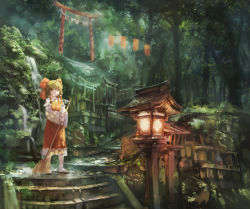 Rule 34 | 1girl, architecture, azomo, bare shoulders, bow, broom, brown eyes, brown hair, detached sleeves, east asian architecture, forest, geta, hair bow, hair tubes, hakurei reimu, highres, lantern, md5 mismatch, nature, scenery, smile, solo, stairs, standing, tabi, torii, touhou, tree, wide sleeves