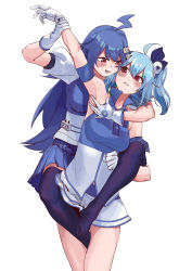 Rule 34 | 2girls, absurdres, ahoge, arm up, armband, armpit hair, armpits, b9 (rrrqqq), bili girl 22, bili girl 33, bilibili, blue hair, blue skirt, blue theme, blue thighhighs, blush, blush stickers, breath, gloves, hair between eyes, hair ornament, heavy breathing, highres, long hair, looking at another, medium hair, multiple girls, no shoes, open mouth, parted lips, red eyes, simple background, skirt, spread armpit, standing, sweat, teeth, thighhighs, white background, white gloves, white skirt