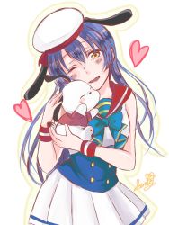 Rule 34 | 1girl, animal hat, blue hair, blush, commentary request, cosplay, dog hat, hair between eyes, hat, heart, highres, long hair, looking at viewer, love live!, love live! school idol festival, love live! school idol project, one eye closed, open mouth, pochacco, pochacco (cosplay), sanrio, simple background, skirt, smile, solo, sonoda umi, sumire (sumisumisan), white background, yellow eyes