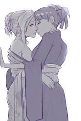Rule 34 | 2girls, bare shoulders, breasts, breasts out, earrings, facial mark, floral print, forehead mark, from side, greyscale, hair ornament, hair stick, hair up, haruno sakura, highres, hyuuga hinata, imminent kiss, japanese clothes, jewelry, kimono, lips, medium breasts, monochrome, multiple girls, naruto, naruto (series), no bra, obi, off shoulder, open clothes, open kimono, sash, sideboob, smile, szajnie, yuri