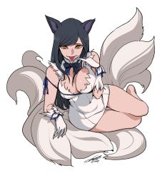 Rule 34 | 1girl, :p, absurdres, ahri (league of legends), animal ears, bare legs, barefoot, black hair, breasts, cleavage, cleavage cutout, clothing cutout, cosplay, covered navel, dress, dungeon ni deai wo motomeru no wa machigatteiru darou ka, finger to mouth, fox ears, fox tail, full body, gloves, gluteal fold, hestia (danmachi), hestia (danmachi) (cosplay), highres, large breasts, league of legends, looking at viewer, multiple tails, orange eyes, pinky out, rei no himo, short dress, simple background, sitting, solo, sungwon, swept bangs, tail, thigh gap, tongue, tongue out, white background, white dress, white gloves, yokozuwari