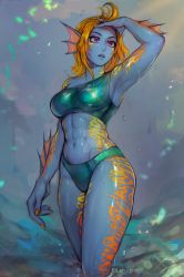 Rule 34 | 1girl, abs, absurdres, aqua bikini, armpits, artist name, bikini, blue background, blue skin, breasts, colored skin, commentary, eyeliner, feet out of frame, fingernails, fins, grey skin, tucking hair, hand in own hair, head fins, highres, looking afar, makeup, matilda fiship, medium breasts, monster girl, multicolored skin, muscular, muscular female, nail polish, navel, orange hair, orange nails, original, parted lips, purple eyes, shiny clothes, shiny skin, solo, standing, swimsuit, tattoo, two-tone skin, wading, wet, yellow skin