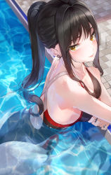 Rule 34 | 1girl, ass, bare shoulders, black hair, blush, breasts, cleavage, collarbone, commentary request, competition swimsuit, day, ear piercing, highleg, highleg swimsuit, highres, kfr, large breasts, long hair, looking at viewer, one-piece swimsuit, original, outdoors, partially submerged, piercing, ponytail, pool, sidelocks, smile, solo, swimsuit, wet, yellow eyes