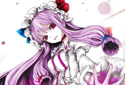 Rule 34 | 1girl, blue ribbon, breasts, choker, dress, female focus, foreshortening, hair ribbon, hat, hat ribbon, highres, jacket, juliet sleeves, long hair, long sleeves, looking at viewer, mob cap, open clothes, open jacket, pale skin, parted lips, patchouli knowledge, puffy sleeves, purple eyes, purple hair, red ribbon, ribbon, sidelocks, solo, striped clothes, striped dress, touhou, tress ribbon, upper body, vertical-striped clothes, vertical-striped dress, white background, yutapon