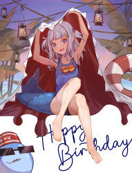 Rule 34 | 1girl, :d, absurdres, armpits, arms up, bloop (gawr gura), blue eyes, blue hair, blue one-piece swimsuit, blunt bangs, english text, fins, fish tail, gawr gura, goggles, goggles around neck, hair ornament, hanging lantern, happy birthday, highres, hololive, hololive english, innertube, lantern, looking at viewer, medium hair, meiyan (boyimachao), multicolored hair, one-piece swimsuit, open mouth, shark girl, shark hair ornament, shark print, shark tail, sharp teeth, sitting, smile, streaked hair, swim ring, swimsuit, tail, teeth, virtual youtuber, water, wet, wet clothes, wet swimsuit, white hair