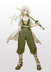 Rule 34 | 1girl, abs, absurdres, character name, commentary request, eyelashes, genderswap, genderswap (mtf), gradient background, grey background, highres, holding, holding sword, holding weapon, kimetsu no yaiba, kokorin, long hair, muscular, open clothes, open shirt, parted lips, pectorals, ponytail, red eyes, scar, scar on chest, scar on face, scar on forehead, shinazugawa sanemi, solo, standing, sword, translation request, uniform, weapon, white hair