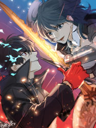Rule 34 | 1boy, 1girl, amamiya ren, black hair, blue eyes, blue hair, byleth (female) (fire emblem), byleth (fire emblem), fire emblem, fire emblem: three houses, from side, gloves, grin, highres, holding, holding sword, holding weapon, long sleeves, medium hair, nintendo, open mouth, pantyhose, persona, persona 5, red eyes, red gloves, short hair, signature, smile, super smash bros., sword, tang xinzi, weapon
