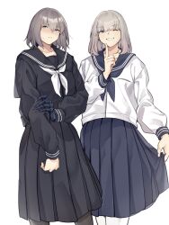 Rule 34 | 2boys, black pantyhose, black shirt, black skirt, blonde hair, blue eyes, blue neckerchief, blue skirt, blush, breast pocket, claws, clothes lift, collarbone, commentary request, cowboy shot, crossdressing, dual persona, fate/grand order, fate (series), finger to cheek, fingernails, frown, grey hair, highres, holding own arm, long skirt, long sleeves, looking at viewer, looking to the side, male focus, medium hair, multiple boys, neckerchief, oberon (fate), oberon (third ascension) (fate), one eye closed, pantyhose, pocket, sailor collar, sausu hitori, school uniform, sharp fingernails, shirt, skirt, skirt lift, smile, standing, sweatdrop, tagme, teeth, trap, white background, white neckerchief, white pantyhose, white shirt, white stripes, wink