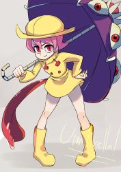 Rule 34 | 1girl, absurdres, boots, character name, grey background, grin, hand on own hip, hat, highres, holding, holding umbrella, hungern (skullgirls), leaning forward, long tongue, patch (white tofu), pigeon-toed, pink eyes, pink hair, raincoat, short hair, skullgirls, smile, solo, tongue, tongue out, umbrella, umbrella (skullgirls)