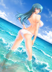 Rule 34 | 00s, 1girl, aqua hair, ass, back, bikini, bird, breasts, caustics, cleavage, closed mouth, cloud, contrapposto, covered erect nipples, day, dutch angle, earrings, from side, full body, green hair, hair between eyes, hand on own hip, hand on own thigh, hip focus, jewelry, kotona elegance, large breasts, legs, legs apart, light smile, long hair, looking at viewer, looking back, nebachuu, ocean, outdoors, purple eyes, seagull, sideboob, sky, smile, solo, standing, submerged, swimsuit, taut clothes, underboob, wading, water, water drop, waves, wet, white bikini, zoids, zoids genesis