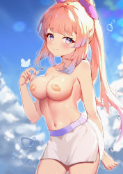 Rule 34 | 1girl, absurdres, bandaid, bandaids on nipples, bare arms, bare shoulders, blue eyes, blue hair, blue sky, blunt bangs, blush, breasts, bubble, bug, butterfly, casual, cleavage, cloud, cloudy sky, cowboy shot, day, dianhua dianhua he, genshin impact, hair ornament, half-closed eyes, highres, insect, long hair, looking at viewer, medium breasts, midriff, multicolored hair, navel, pasties, pink hair, ponytail, sangonomiya kokomi, short shorts, shorts, sky, solo, stomach, topless, two-tone hair, wet, white shorts