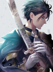 Rule 34 | 2boys, armor, black hair, braid, cape, claude von riegan, crown, dark-skinned male, dark skin, fire emblem, fire emblem: three houses, fire emblem warriors: three hopes, gloves, green eyes, grey background, holding, holding sword, holding weapon, looking away, looking to the side, multiple boys, nintendo, official alternate costume, official alternate hairstyle, reflection, saku (soreca49), shahid (fire emblem), siblings, simple background, solo focus, sword, upper body, weapon, white gloves