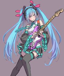 Rule 34 | 1girl, aqua eyes, aqua hair, bare shoulders, black thighhighs, blue nails, bow, breasts, cable, commentary request, detached sleeves, electric guitar, fender stratocaster, fingernails, frills, grey background, guitar, hair bow, hair ornament, hatsune miku, headphones, highres, holding, instrument, long hair, medium breasts, nail polish, necktie, parted lips, pleated skirt, plectrum, simple background, skirt, solo, thighhighs, twintails, vocaloid, wide sleeves, yamashita shun&#039;ya, zettai ryouiki