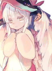 Rule 34 | 1other, bad id, bad twitter id, furry, hands up, hat, highres, horizontal pupils, horns, looking at viewer, made in abyss, nanachi (made in abyss), other focus, parted lips, red pupils, satsuki (miicat), short hair with long locks, simple background, solo, topless, upper body, whiskers, white background, yellow eyes