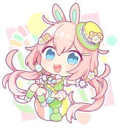 Rule 34 | 1girl, :d, animal ears, belt, blue eyes, blush, brooch, chibi, cropped jacket, crown, easter, easter egg, egg, flower, frills, gloves, hair flower, hair ornament, hairclip, hat, hat flower, holding, holding wand, jewelry, koguma105, long hair, looking at viewer, low twintails, mini hat, mini top hat, neck ribbon, open mouth, original, outstretched arm, pink hair, polka dot, rabbit ears, ribbon, shoes, shorts, sitting, smile, socks, solo, top hat, twintails, very long hair, wand