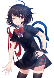 Rule 34 | 1girl, asymmetrical wings, black dress, black hair, black thighhighs, blush, bow, bowtie, cowboy shot, dress, frilled dress, frills, grin, hair between eyes, hand on own hip, highres, houjuu nue, kisamu (ksmz), leaning forward, looking at viewer, medium hair, one eye closed, red bow, red bowtie, red eyes, simple background, smile, solo, thighhighs, touhou, white background, wings, wristband