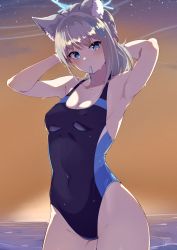 Rule 34 | 1girl, absurdres, animal ears, armpits, arms behind head, backlighting, blue archive, blue eyes, breasts, cleavage, collarbone, commentary request, competition swimsuit, cross, eyes visible through hair, grey hair, hair between eyes, hair tie, halo, highleg, highleg swimsuit, highres, horizon, inuinuo gataken, inverted cross, looking at viewer, mismatched pupils, mouth hold, ocean, official alternate costume, one-piece swimsuit, school swimsuit, shiroko (blue archive), shiroko (swimsuit) (blue archive), short hair, sidelocks, sleeveless, solo, swimsuit, twilight, wet, wet clothes, wet swimsuit, wolf ears, wolf girl