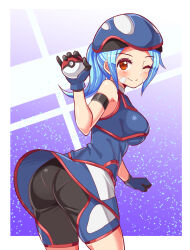 Rule 34 | 1girl, armband, ass, bandaid, bandaid on face, bare shoulders, bicycle helmet, bike shorts, blue hair, blush, breasts, cosplay, cougar (cougar1404), creatures (company), cycling uniform, dress, from behind, game freak, gloves, helmet, kyogre (cosplay), long hair, looking at viewer, looking back, marina (pokemon battle revolution), medium breasts, nintendo, one eye closed, pantylines, poke ball, pokemon, pokemon battle revolution, ponytail, red eyes, short dress, sideboob, smile, solo