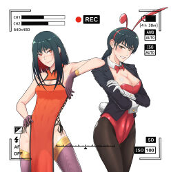 Rule 34 | 2girls, animal ears, arm on another&#039;s shoulder, arm rest, black gloves, black hair, black pantyhose, bow, bowtie, breasts, brown eyes, chainsaw man, china dress, chinese clothes, cleavage, cleavage cutout, clenched teeth, clothing cutout, commentary request, contrapposto, crossed arms, detached collar, dress, facial scar, fake animal ears, fake tail, gloves, hand on own hip, highres, large breasts, leotard, medium breasts, mitaka asa, multiple girls, orange dress, orange eyes, pantyhose, playboy bunny, ponytail, purple thighhighs, rabbit ears, rabbit tail, red bow, red bowtie, red leotard, ringed eyes, scar, scar on cheek, scar on face, scar on nose, shiizuu (multi mirror), smile, strapless, strapless leotard, sweatdrop, tail, teeth, thighhighs, traditional bowtie, viewfinder, white gloves, yoru (chainsaw man)