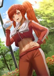 Rule 34 | 1girl, backlighting, bottle, braid, commission, cropped jacket, flower, from below, hand on own hip, highres, holding, holding bottle, long sleeves, looking at viewer, midriff, navel, open mouth, original, outdoors, pants, plant, pole, ponytail, rayleigh scale, red eyes, red hair, side ponytail, sky, smile, sunlight, sweat, towel, towel around neck, track pants, track suit, tree, water bottle