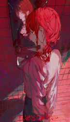 Rule 34 | 1girl, arms behind back, bathroom, black necktie, blood, blood on mirror, braid, braided ponytail, chainsaw man, collared shirt, crack, cracked glass, graffiti, highres, long hair, looking at viewer, makima (chainsaw man), necktie, pochita (chainsaw man), red hair, reflection, ringed eyes, shirt, sidelocks, sinister, sink, smile, solo, suimin (sui 0y0), tile wall, tiles, white shirt, yellow eyes