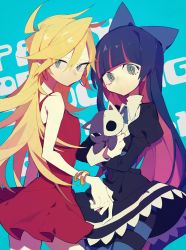 Rule 34 | 10s, 2girls, blonde hair, blue background, blue eyes, breasts, dress, earrings, eyelashes, hair between eyes, hair ribbon, higa423, highres, jewelry, long hair, looking at viewer, multicolored hair, multiple girls, panty &amp; stocking with garterbelt, panty (psg), pantyhose, pink hair, purple hair, ribbon, siblings, sisters, stitches, stocking (psg), streaked hair, striped clothes, striped legwear, striped pantyhose, stuffed animal, stuffed cat, stuffed toy, text background, text focus, title