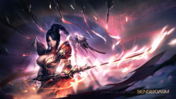 Rule 34 | 1girl, absurdres, artist name, black hair, blade &amp; soul, breasts, closed mouth, commentary, detached sleeves, dress, english text, high ponytail, highres, holding, holding sword, holding weapon, janyhero, large breasts, looking at viewer, ponytail, red dress, smile, solo, sword, weapon