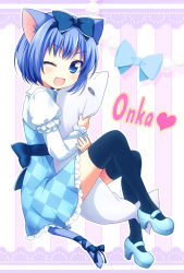 Rule 34 | 1girl, :3, ;3, ;d, animal ears, blue eyes, blue hair, bow, cat ears, cat tail, character name, dress, fang, hair bow, highres, mary janes, matching hair/eyes, one eye closed, onka, open mouth, original, pillow, ribbon, shoes, short hair, smile, solo, tail, tail ornament, tail ribbon, thighhighs, usashiro mani, wink, zettai ryouiki